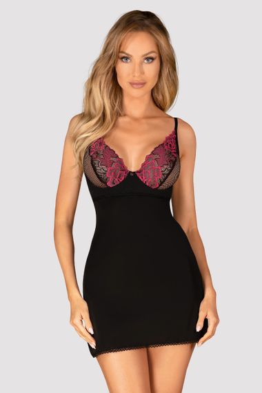 Сорочка та стринги Obsessive Rosenty chemise Чорно-малінова XL/2XL