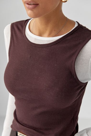 Двошаровий лонгслів у рубчик з імітацією жилетки - коричневий цвет, L (є розміри) | Зображення 3