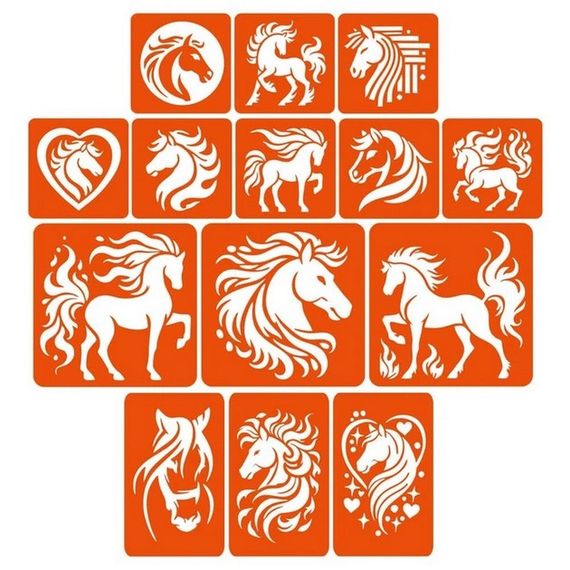Набор трафаретов для био-тату "Лошади - большой микс" horses-big-mix 10х10 см