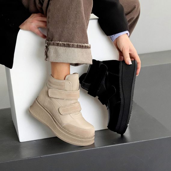 Чорні зимові черевики снікерси на липучках натуральна шкіра + замша | Зображення 9