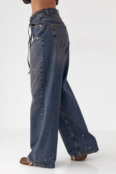 Жіночі джинси на зав'язках із потертостями - темно-синій цвет, 36р (є розміри) | Зображення 4