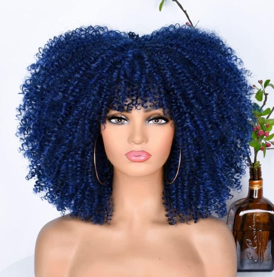 Парик синий кудрявый женский короткий термостойкий, синтетические волосы, Афрокучери 14” для изменения образа
