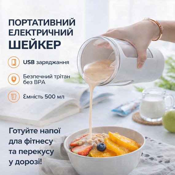 Портативный электрический шейкер 500 мл — аккумуляторный миксер из тритана для спортивного питания (белый) | Зображення 4