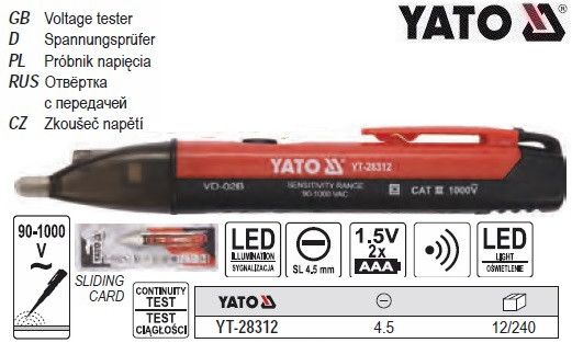 Индикатор напруги мережи 90-1000 В SL 4.5 мм YATO Польща YT-28312