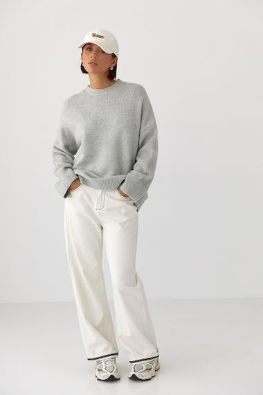 В’язаний однотонний джемпер вільного фасону - світло-сірий цвет, ONE SIZE (є розміри) | Зображення 2