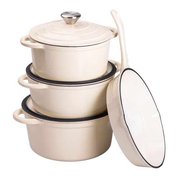 Набір чавунного посуду для приготування 3 каструлі та сковорода з емальованим покриттям Бежевий HP-1-6 | Зображення 1