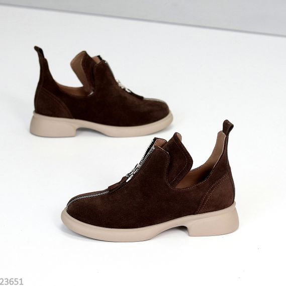 Дизайнерские туфли на молнии, натуральная замша цвет шоколад на бежевой подошве 38