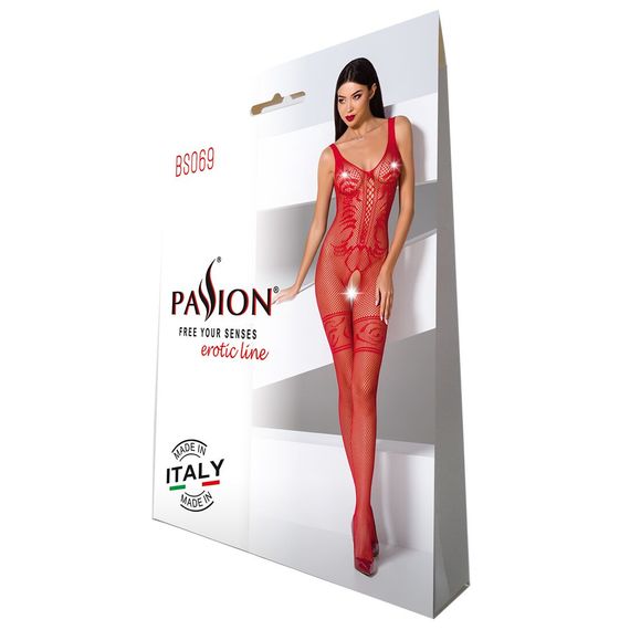 Бодістокінг Passion BS069 red, комбінезон, імітація панчох і боді, S/M/L | Зображення 4