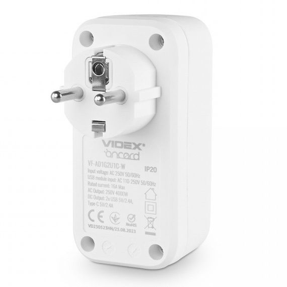 Сетевой адаптер с 2USB + USB-C и заземлением VIDEX ONCORD VF-AD1G2U1C-W White | Зображення 3