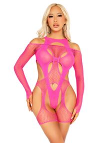 Бодистокинг Leg Avenue Fishnet Garter Harness and Teddy One Size Neon Pink sexstyle