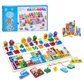 Деревянная игрушка Центр развивающий "Пазл-борд" MD 1981 цифры, фигурки