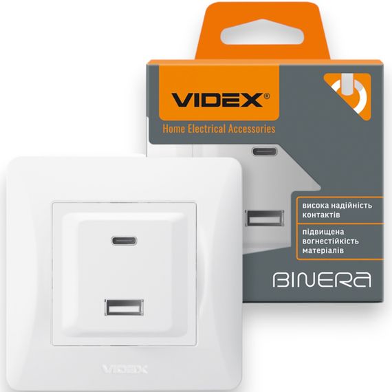 Розетка VIDEX BINERA USB-A + USB-C PD20W, швидка зарядка, 2 порти, біла  (VF-BNCHRUC20-W) | Зображення 1