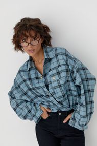 Картата сорочка із коміром на кнопках - блакитний цвет, ONE SIZE (є розміри)