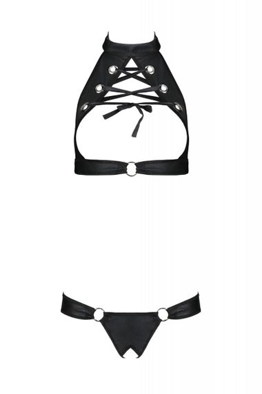 Комплект із екошкіри Passion Malwia Set with Open Bra 4XL/5XL black, топ та трусики з люверсами, 4XL/5XL | Зображення 2