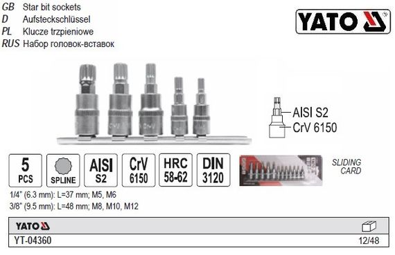 Набір головок зі вставкою SPLINE 1/4": M5,M6 3/8": M8,10, 12 5 штук YT-04360