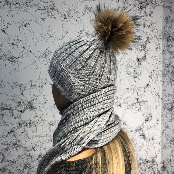 Зимний комплект Moncler Winter Hat Knitted Pompon and Scarf Gray | Зображення 7