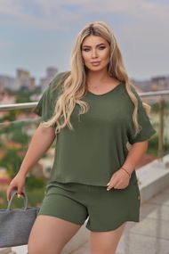 Женский легкий летний костюм шорты и футболка креп жатка, цвет хаки, размер 50/52 GF07827