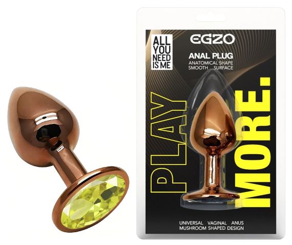 Анальна пробка EGZO Dark Gold з кристалом, металева, анатомічної форми, розмір S Sex Aura