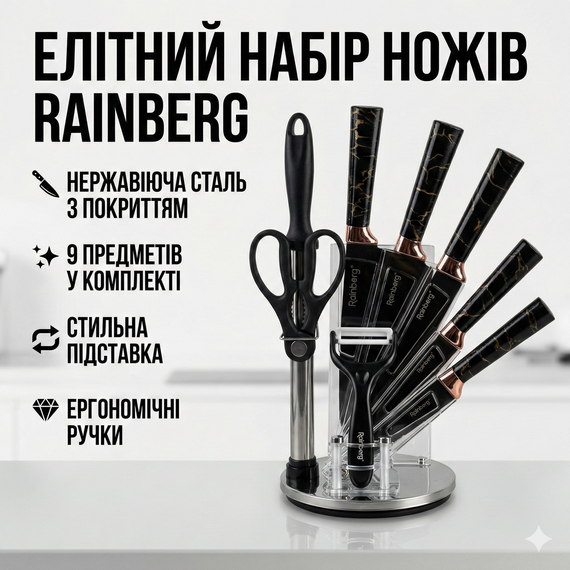 Кухонний набір ножів Rainberg RB-2323 чорний із підставкою, неіржавка сталь, 9 предметів,