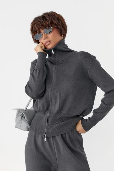 Трикотажний костюм із коротким кардиганом на блискавці та широкими штанами - темно-сірий цвет, ONE SIZE (є розміри) | Зображення 2