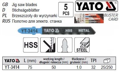 Набір полотно для електролобзика (метал) 32TPI l=75мм 5шт YATO-3414