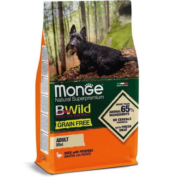 Корм Monge BWild Grain Free Mini Anatra сухий з качкою для дорослих собак дрібних порід 2.5 кг