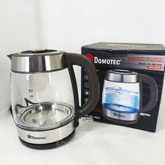 Скляний електричний чайник стильний Domotec MS-7946 1.7л 2200Вт, Потужний електричний електрочайник UY-66 | Зображення 2