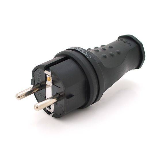 Вилка Евро с заземлением прямая, разборная, каучук, Premium,IP44, 16А 220V, цвет черный, Q30