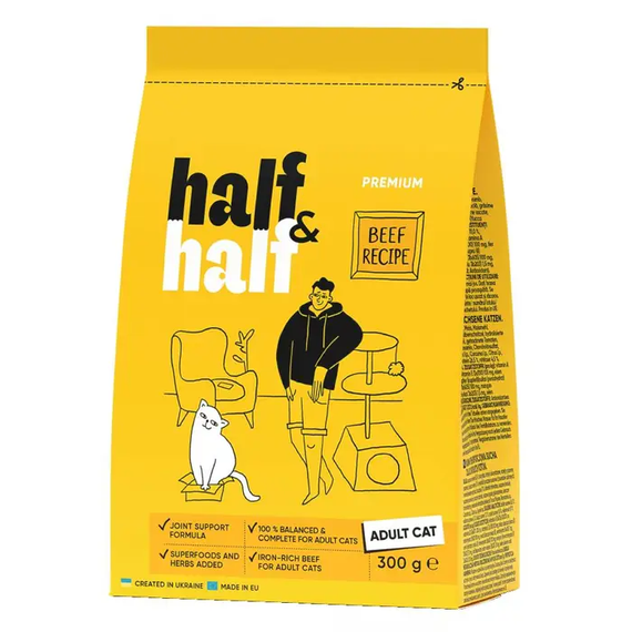 Сухой корм Half&Half для взрослых котов, говядина 300г