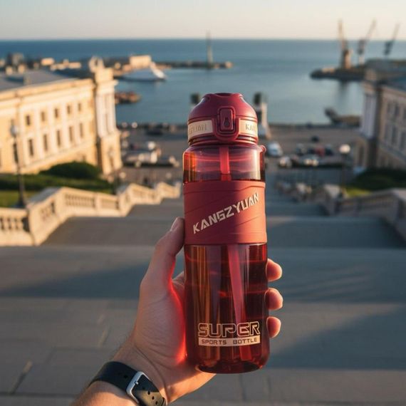Спортивная бутылка KANGZYUAN 1000 мл (1 л) - Красная Tritan BPA-free, ударопрочная эко-бутылка с течком и ремешком | Зображення 6