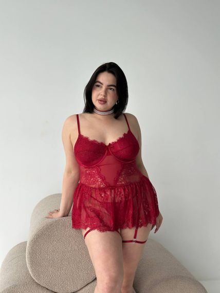 Мереживний червоний пеньюар еротична білизна з гартерами PLUS SIZE | Зображення 6