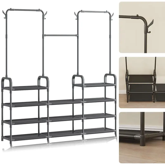 Стойка-вешалка для одежды и обуви Model1BLACK — 164×137×26см, 11полок, 4крючка, напольная, нержавеющая сталь | Зображення 2