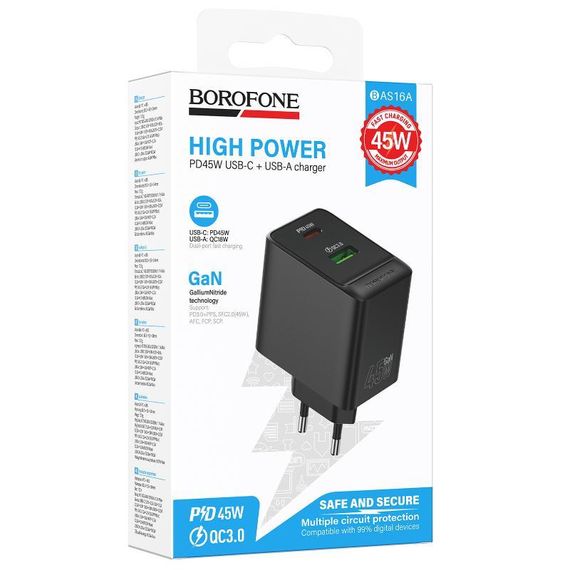 МЗП Borofone BAS16A Erudite PD45W+QC3.0 (1USB-A/1C) Black | Зображення 1