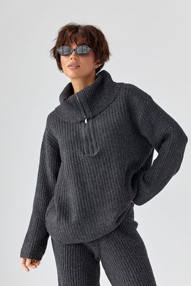 В'язаний костюм із широкими штанами та светром на блискавці - темно-сірий цвет, ONE SIZE (є розміри) | Зображення 2