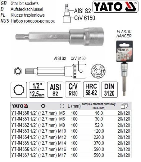 Головка торцевая вставка SPLINE 1/2" M16 l=100 мм YATO Польша YT-04356
