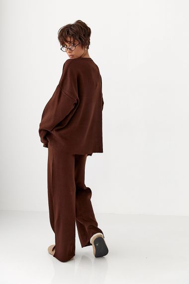 В'язаний костюм з вільною кофтою та широкими штанами - коричневий цвет, ONE SIZE (є розміри) | Зображення 1