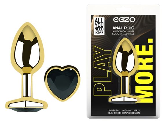 Анальна пробка з кристалом EGZO - Gold Heart Plug Black size M Sex Aura