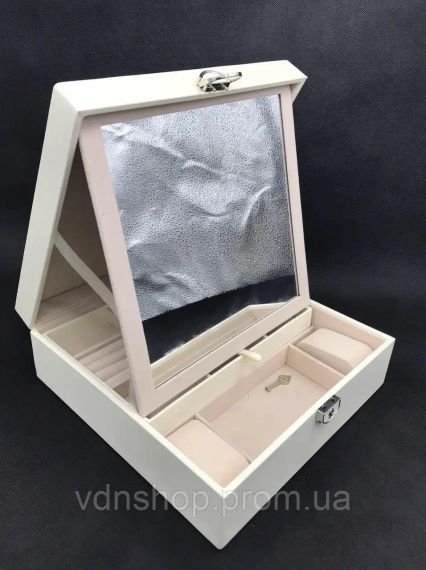 Шкатулка для украшений стеганая с большим откидывающимся зеркалом маленькая шкатулка внутри цвет слоновая кост | Зображення 6