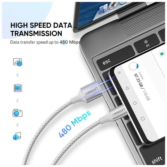 Дата кабель USB 2.0 AM to Type-C 1.5m 3.0A 18W US288 White Ugreen (60132) | Зображення 1