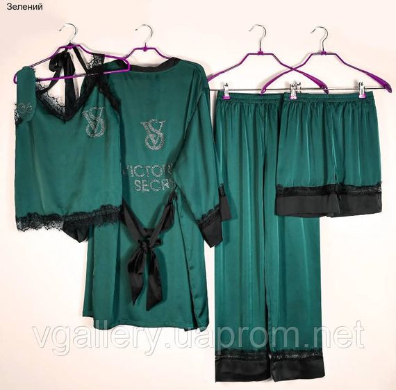 Комплект жіночий Піжама 6 в 1 атласна — Victoria's Secret Вікторія Сикрет зі стразами XL