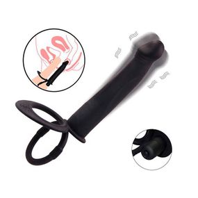 Эрекционное кольцо с вибрацией и фаллоимитатором для двойного проникновения - Чёрный – Анальные игрушки