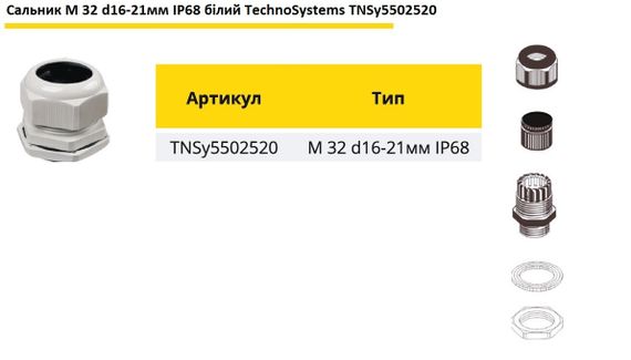 Сальник M32 d16-21мм IP68 білий Ny95502520 | Зображення 1