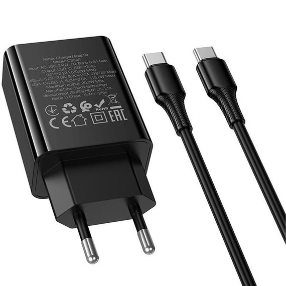 СЗУ Hoco CS94A Leader PD20W+QC3.0 (1USB-A/1C) + кабель Type-C to Type-C Black | Зображення 4