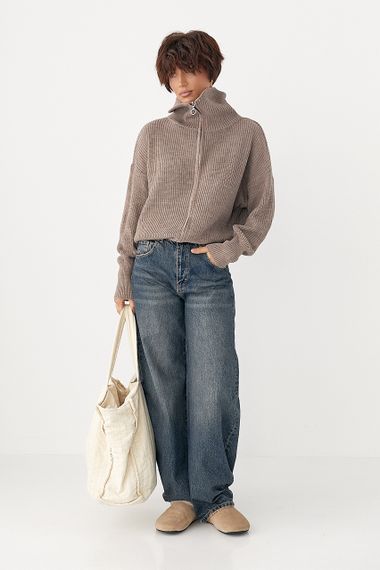 Укорочений кардиган на блискавці з довгим коміром - кавовий цвет, ONE SIZE (є розміри) | Зображення 2