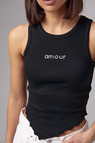 Женская майка в рубчик с асимметрией и надписью Amour - черный цвет, S (есть размеры) | Зображення 3
