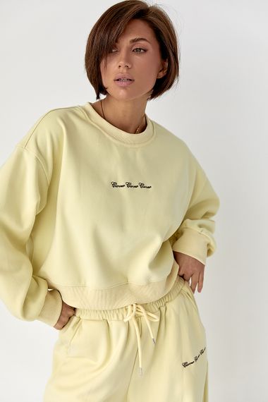 Спортивний костюм із плюшевим начісом з коротким світшотом та штанами палаццо - лимонний цвет, M/L (є розміри) | Зображення 2