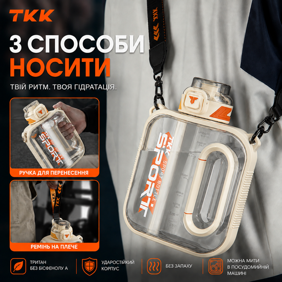 Спортивная бутылка TKK SPORT (2100 мл) - Ударопрочный Tritan, Белая прозрачная с ручкой и трубочкой | Зображення 2