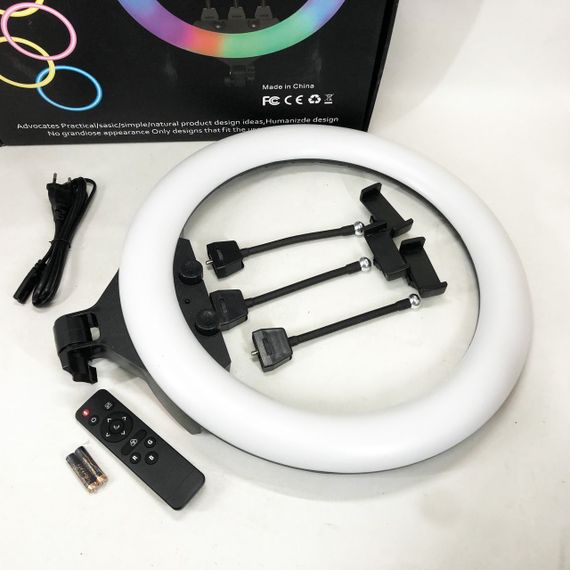 Кільцева LED лампа RGB MJ45 Ring 45 см комплектація адаптер із вбудованим кабелем, тримачі для телефону, пульт | Зображення 9
