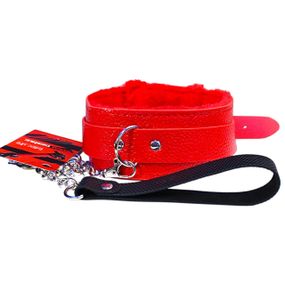 Мягкий красный ошейник "Love leash" с цепочкой-поводком и удобным черным держателем  Экокожа-металл sexstyle