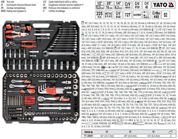 Набор головок торцевых YATO Польша 1/4'' 3/8" 1/2'' 225 штук YT-38941
